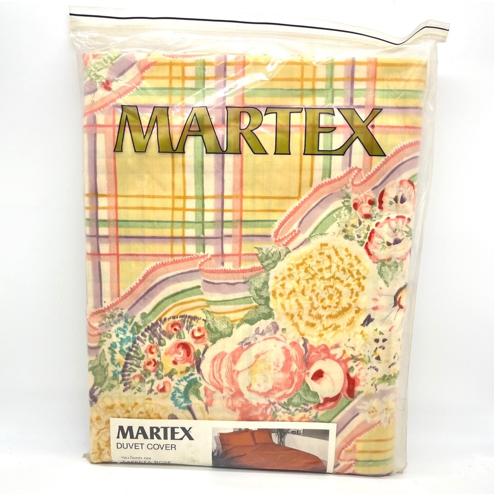 Vintage Martex Taffeta Rose Duvet Cover Full Queen Floral Plaid Made in USA New